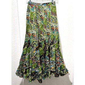 NWT Vtg Fairy Grunge Midi Skirt Print Whimsigoth Sz S Ruffle Dark Green Floral